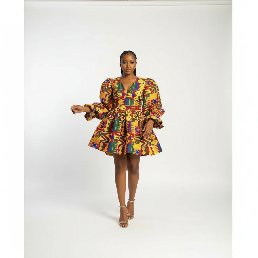 V-Neck Mini Ankara Dress - Image 3