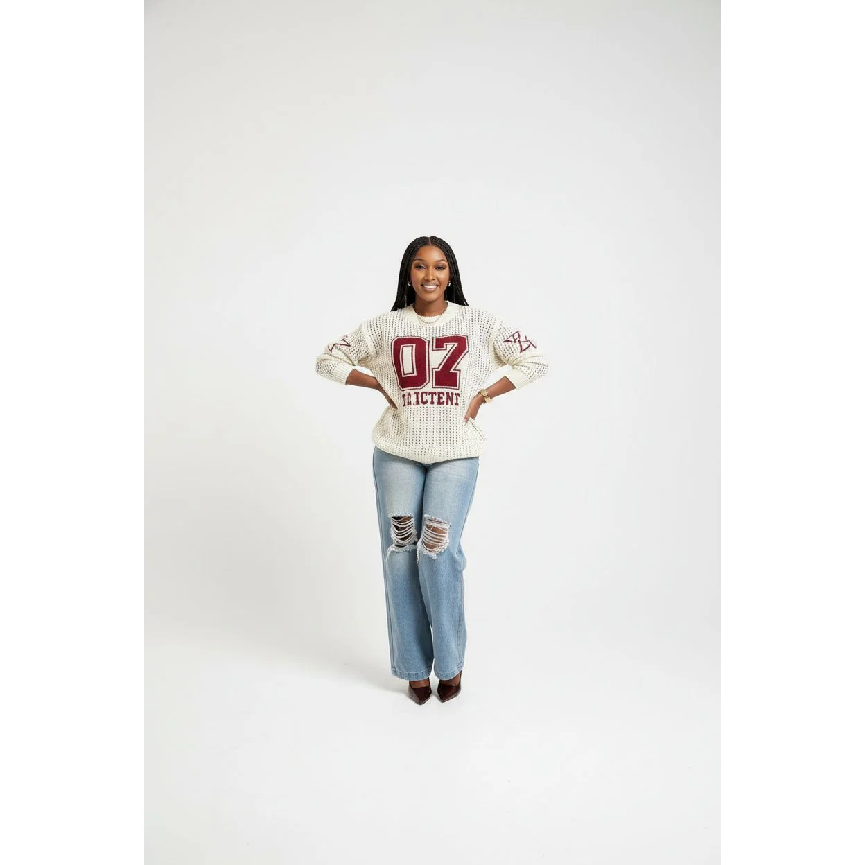 Round-Neck Numbers Print Pullover Sweater