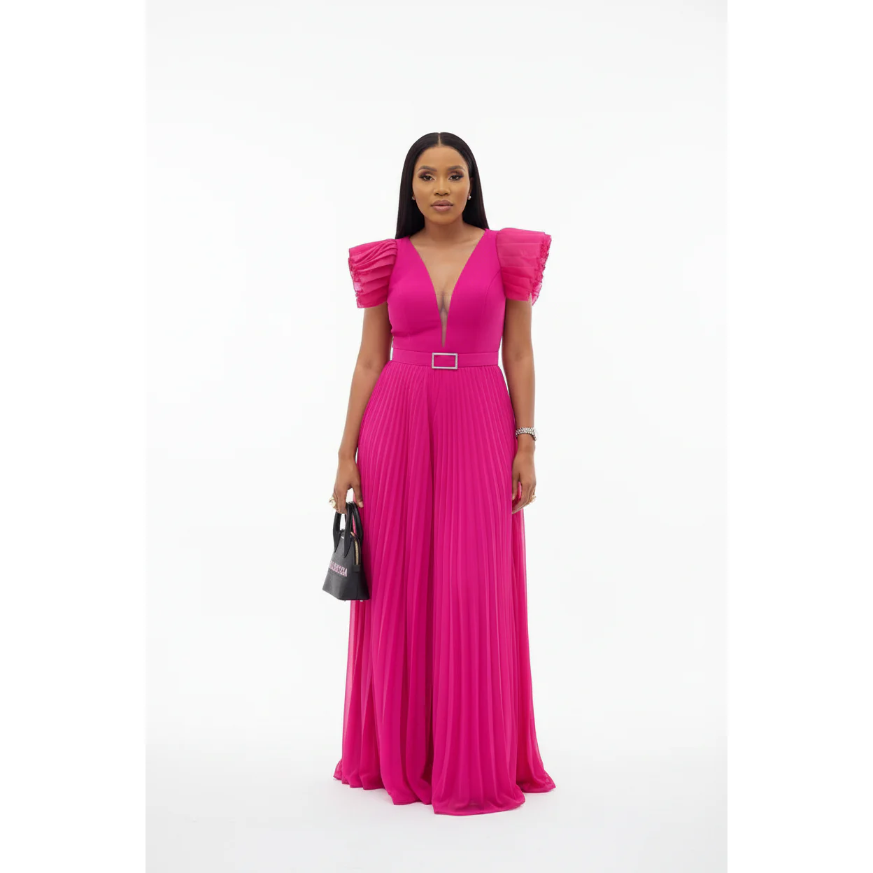 V-Neck  Sealed Design Wide Maxi Dress - Image 3