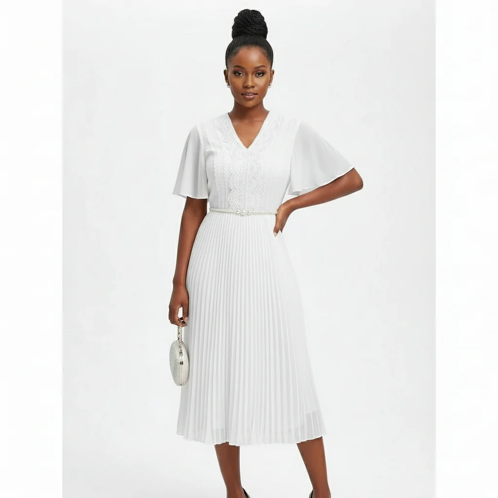 V-Neck platted Short sleeve Dress - Image 3