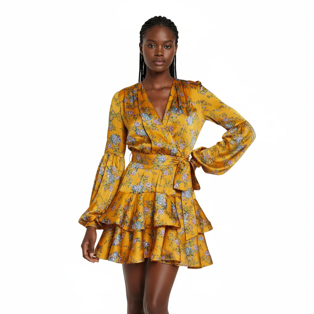 V-Neck Print Puff Sleeve Mini Dress 
