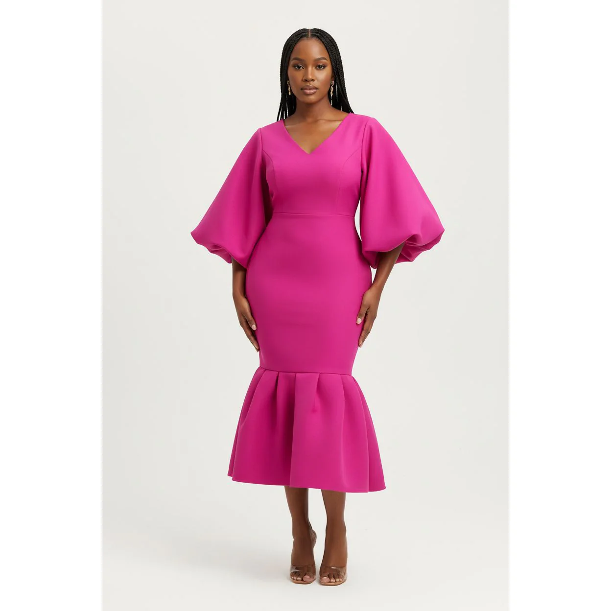 V-Neck Puff Long-sleeve Bodycon Dress - Image 2