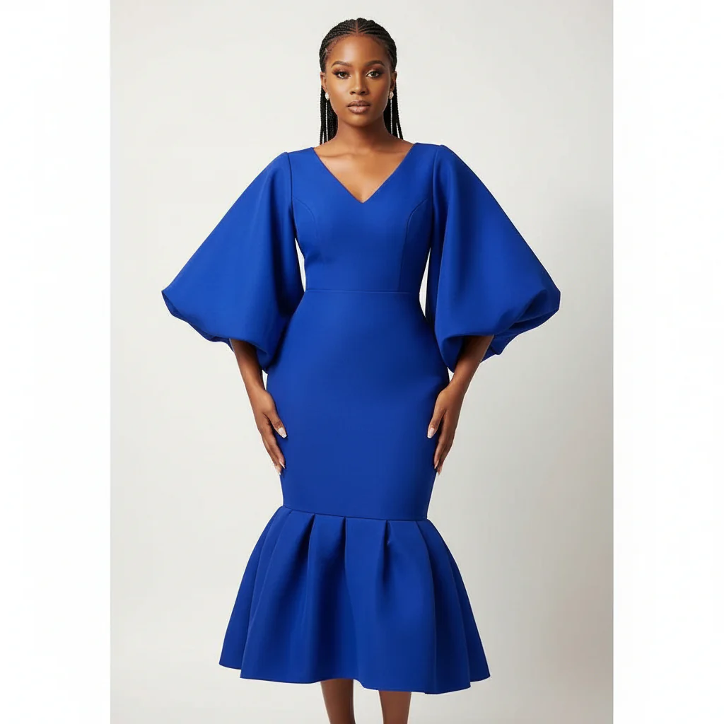 V-Neck Puff Long-sleeve Bodycon Dress - Image 3