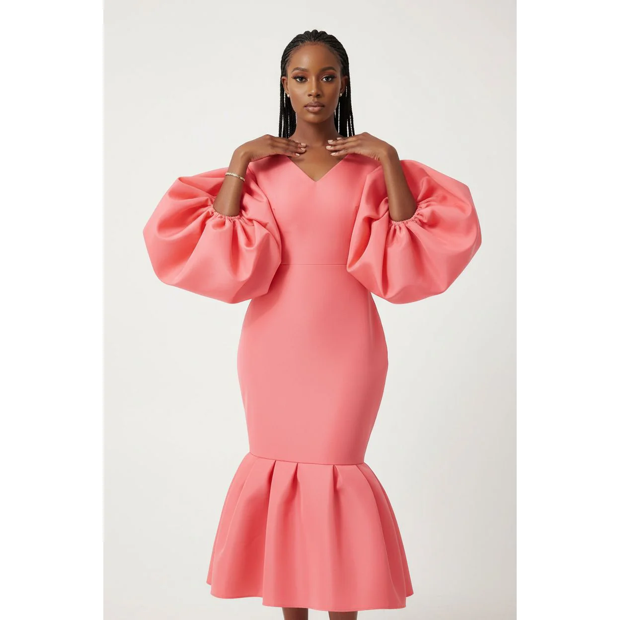 V-Neck Puff Long-sleeve Bodycon Dress - Image 4