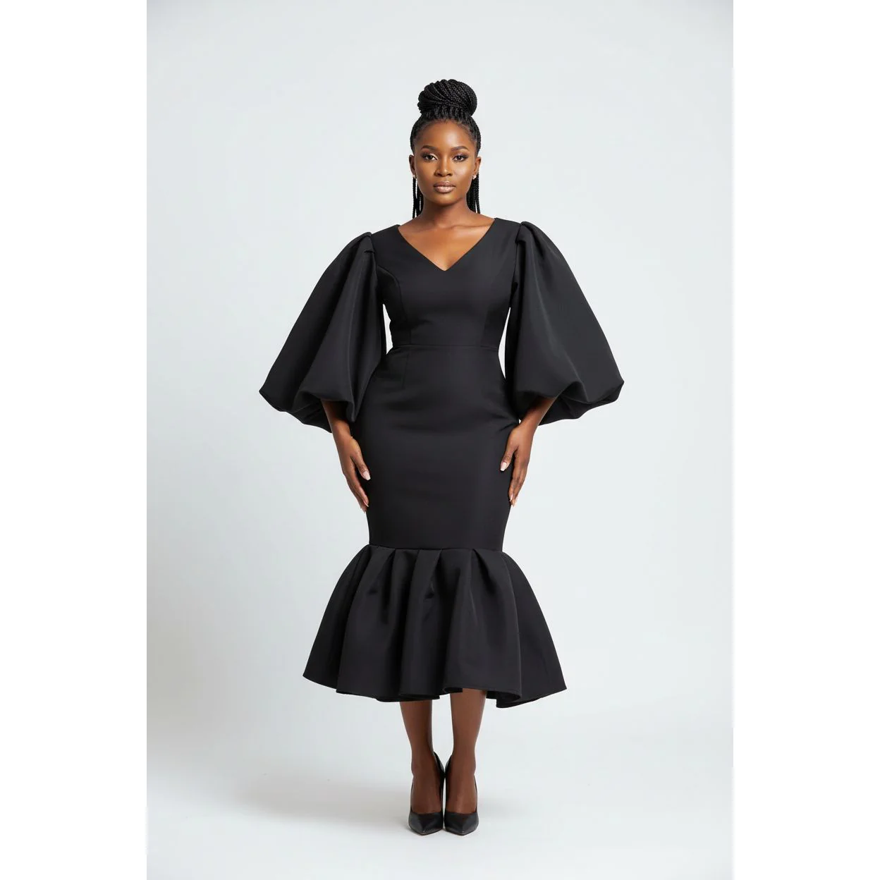 V-Neck Puff Long-sleeve Bodycon Dress - Image 5