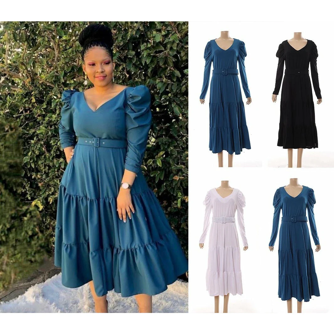 V-Neck Puff Shoulder Dress - Image 2