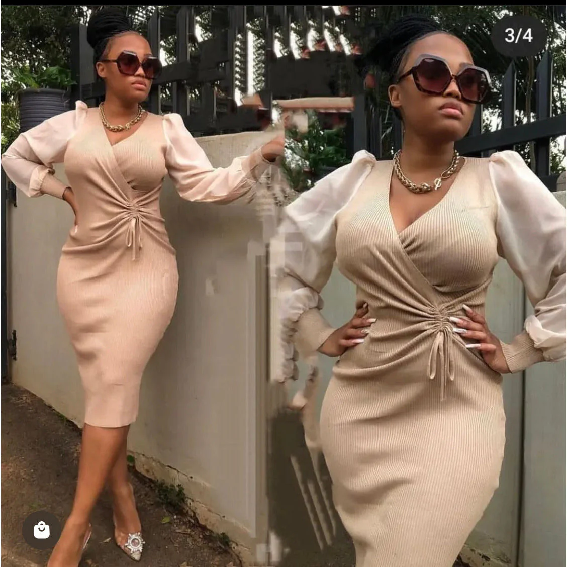 V-Neck Puff Sleeve Bodycon Dress - Image 3