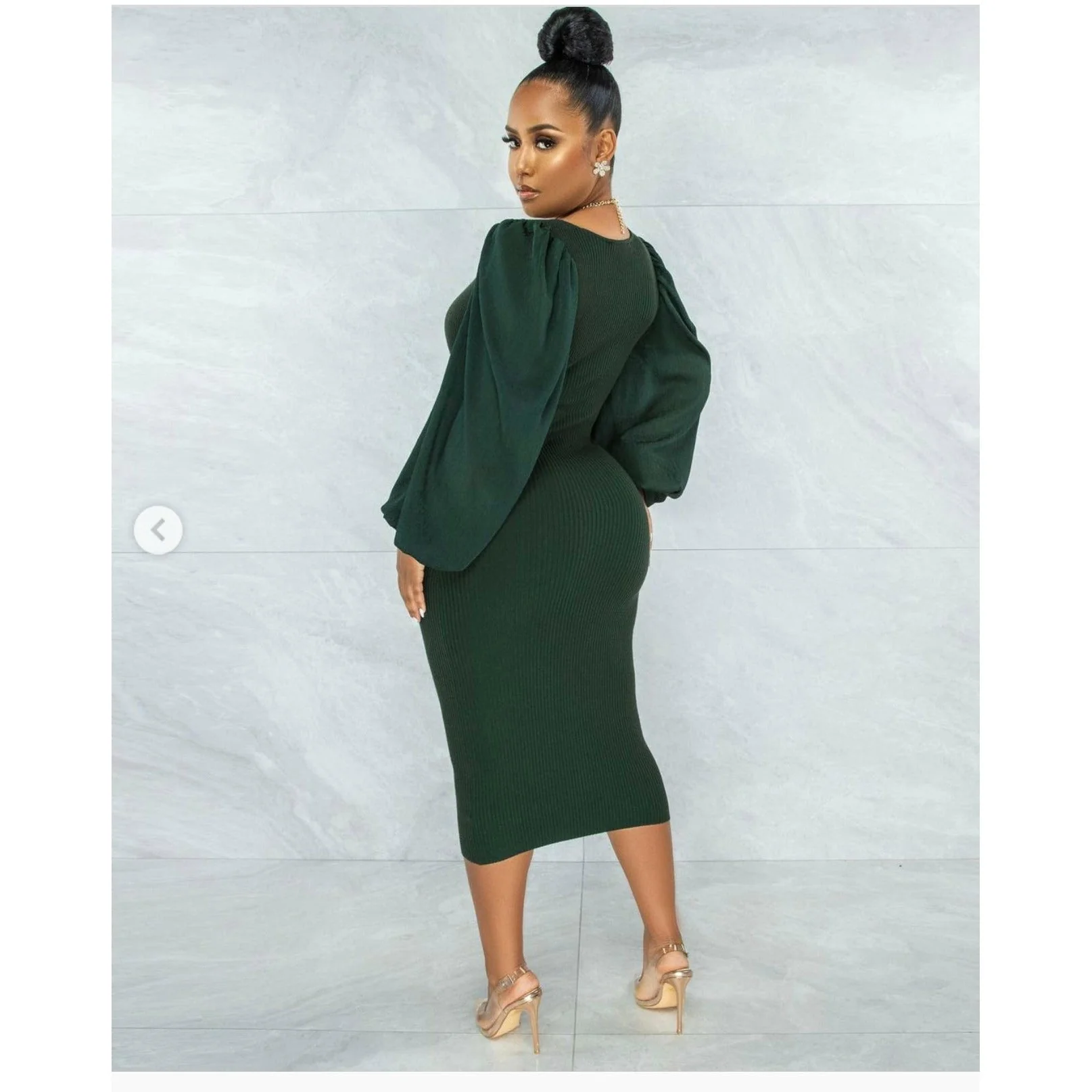 V-Neck Puff Sleeve Bodycon Dress - Image 6