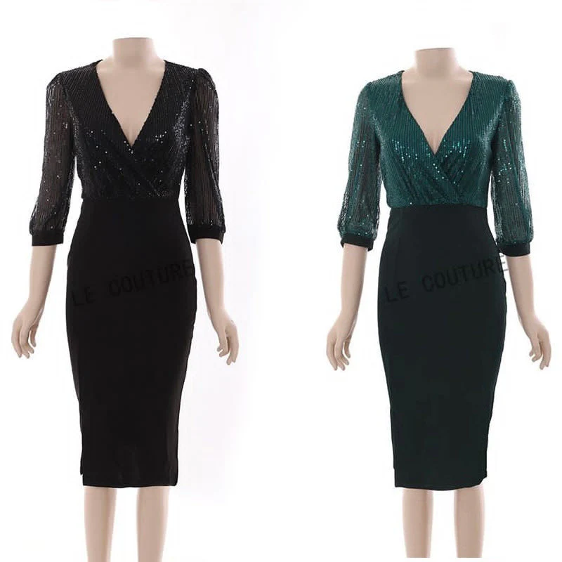 V-neck Puff Sleeve Slit Bodycon Dress - Image 5
