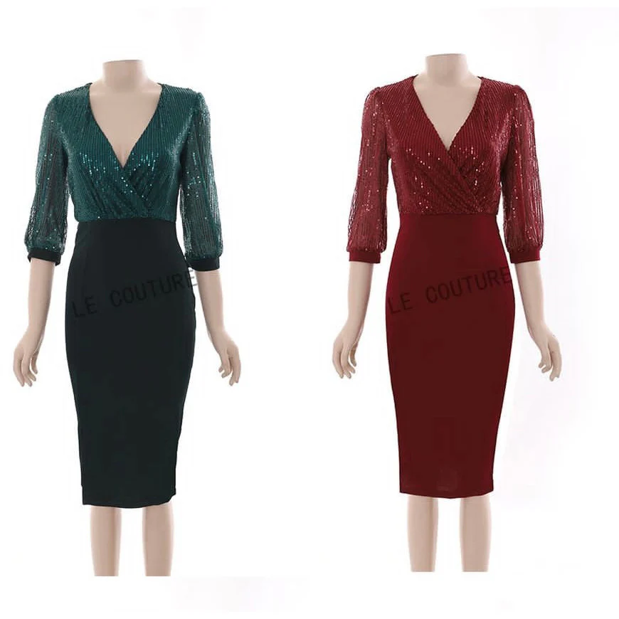 V-neck Puff Sleeve Slit Bodycon Dress - Image 6