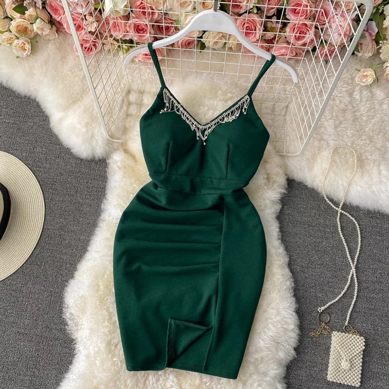 V-Neck Rhinestone Tassels Mini Dress - Image 3