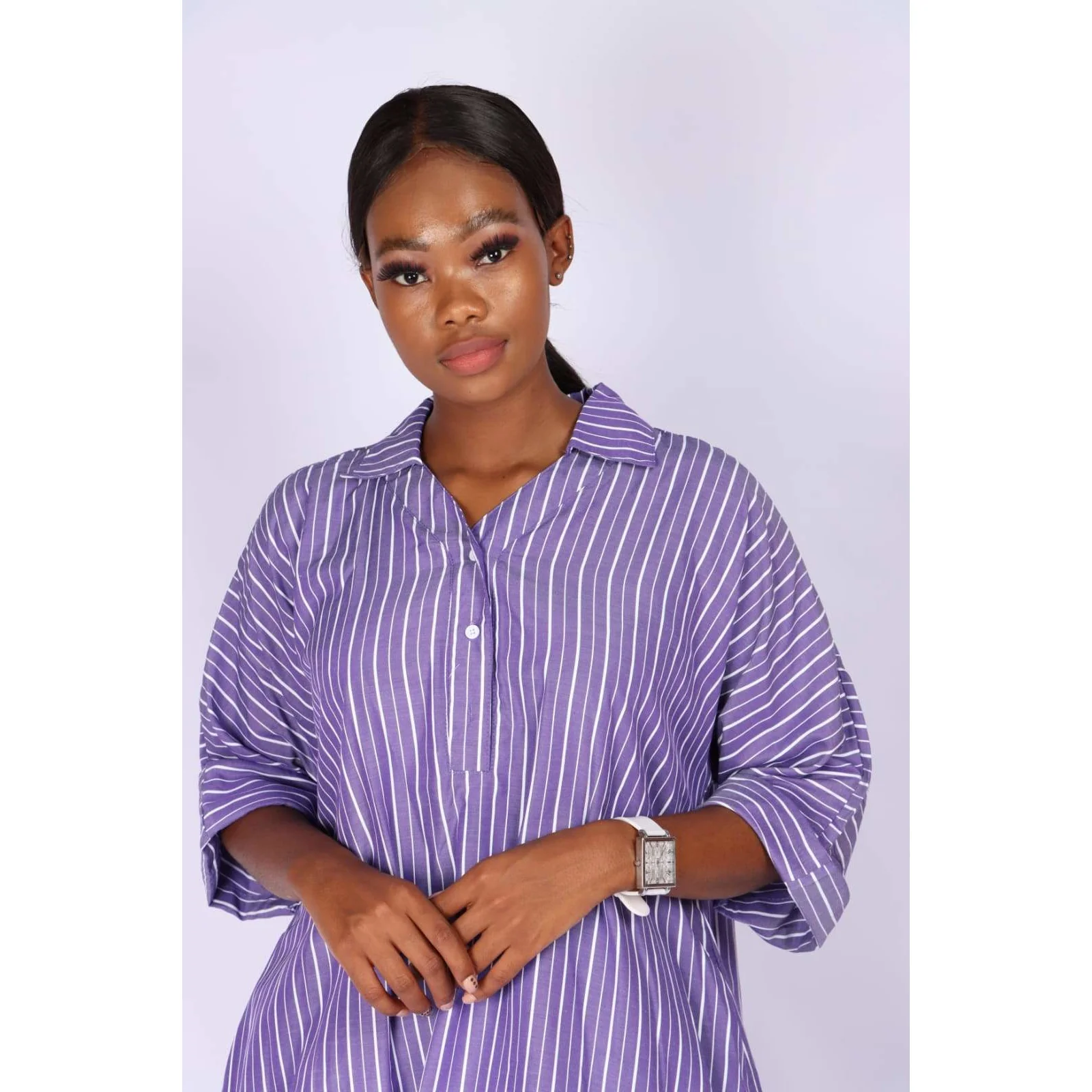 V-Neck Striped Bubble Shirt Dress  - Image 10