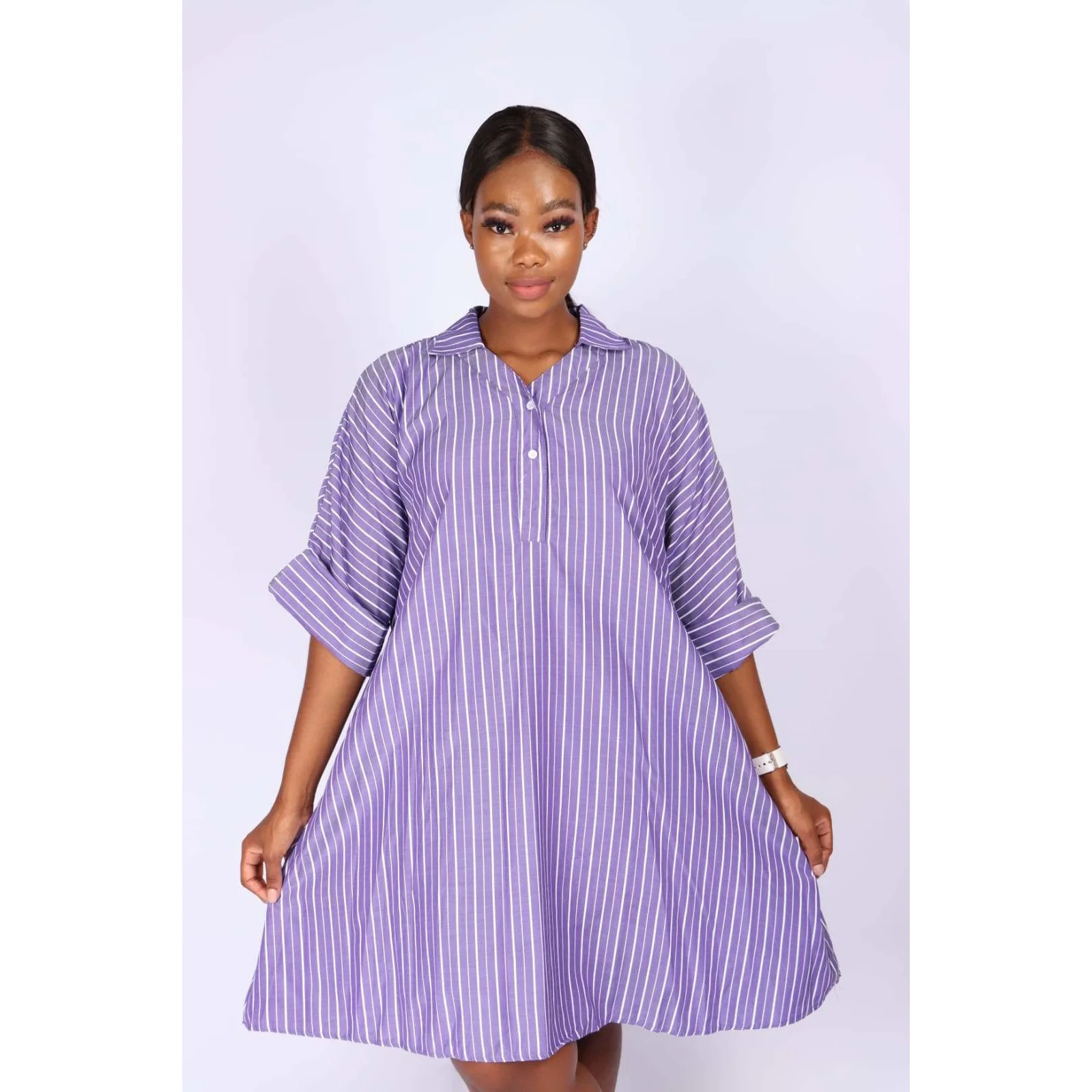 V-Neck Striped Bubble Shirt Dress  - Image 3