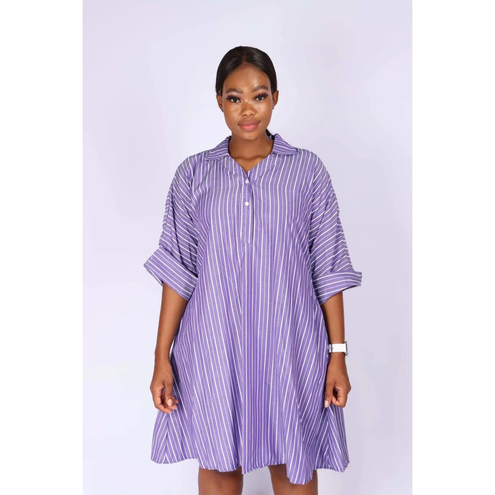 V-Neck Striped Bubble Shirt Dress  - Image 4
