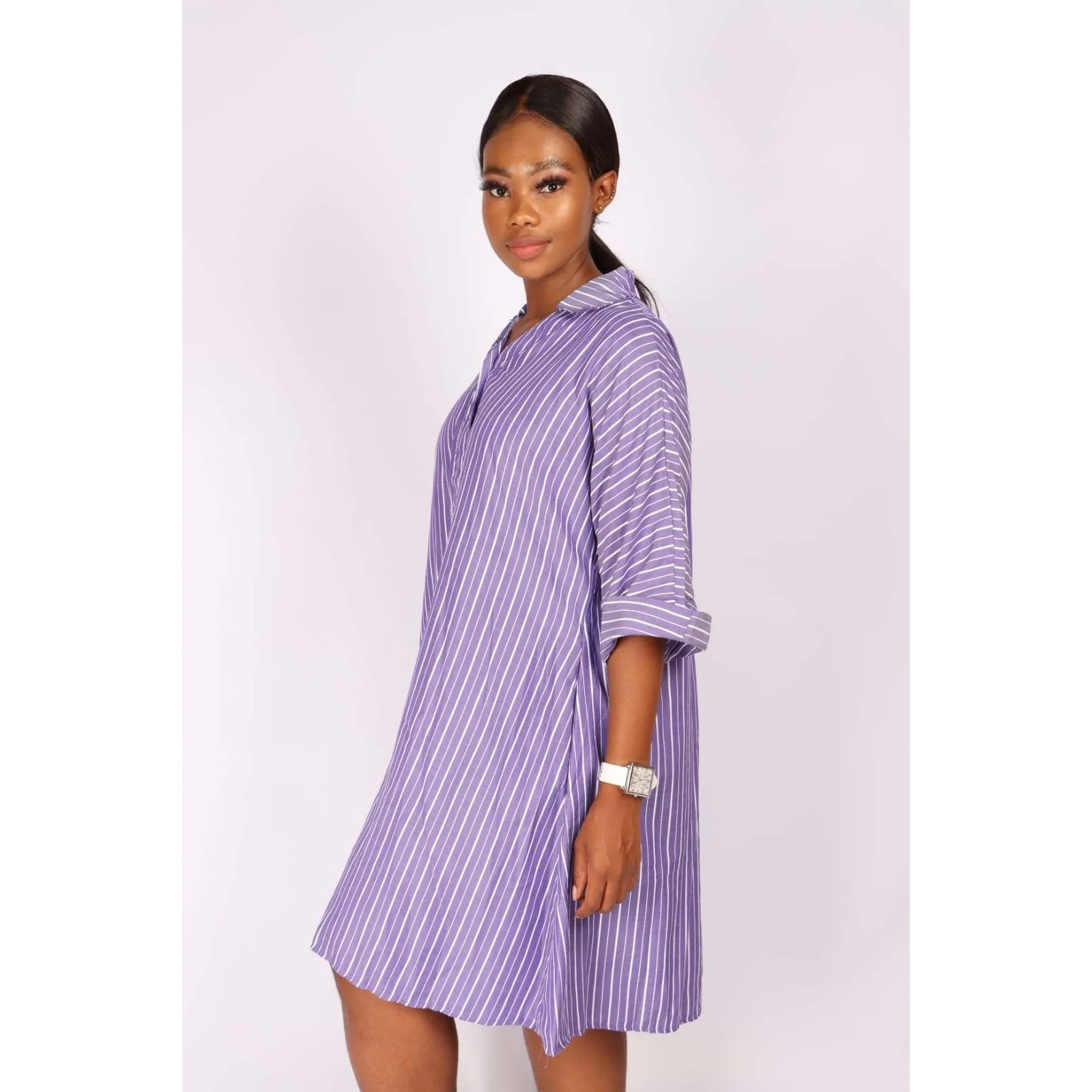 V-Neck Striped Bubble Shirt Dress  - Image 5