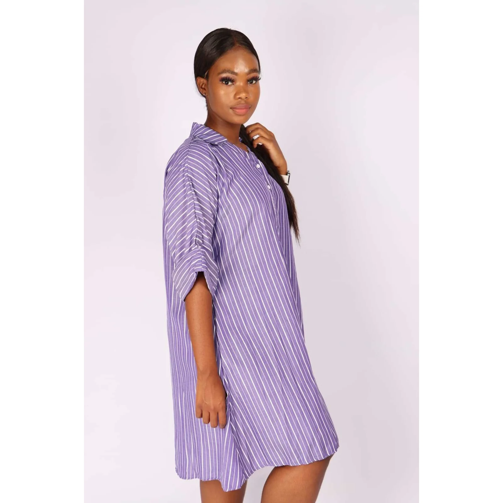 V-Neck Striped Bubble Shirt Dress  - Image 7