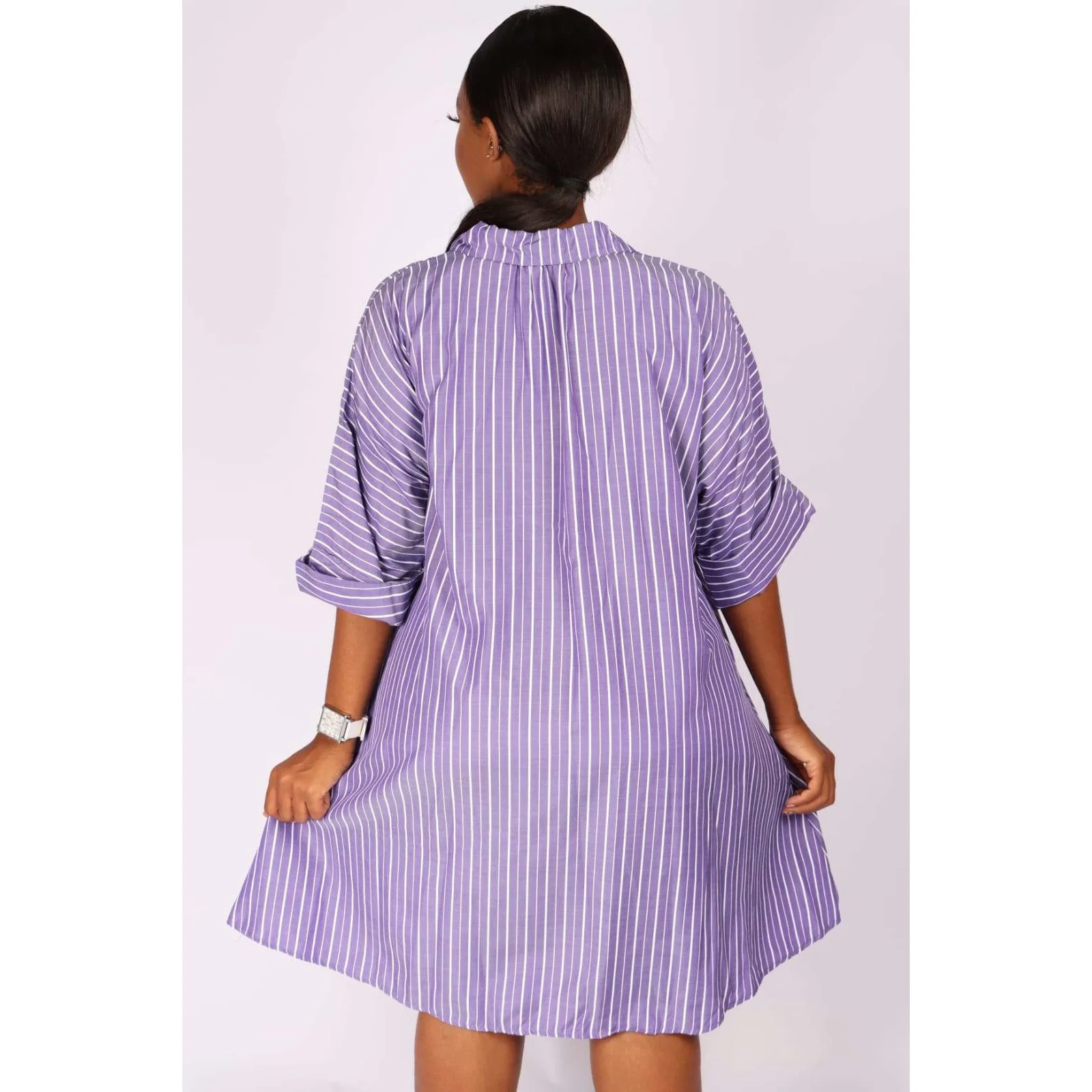 V-Neck Striped Bubble Shirt Dress  - Image 8