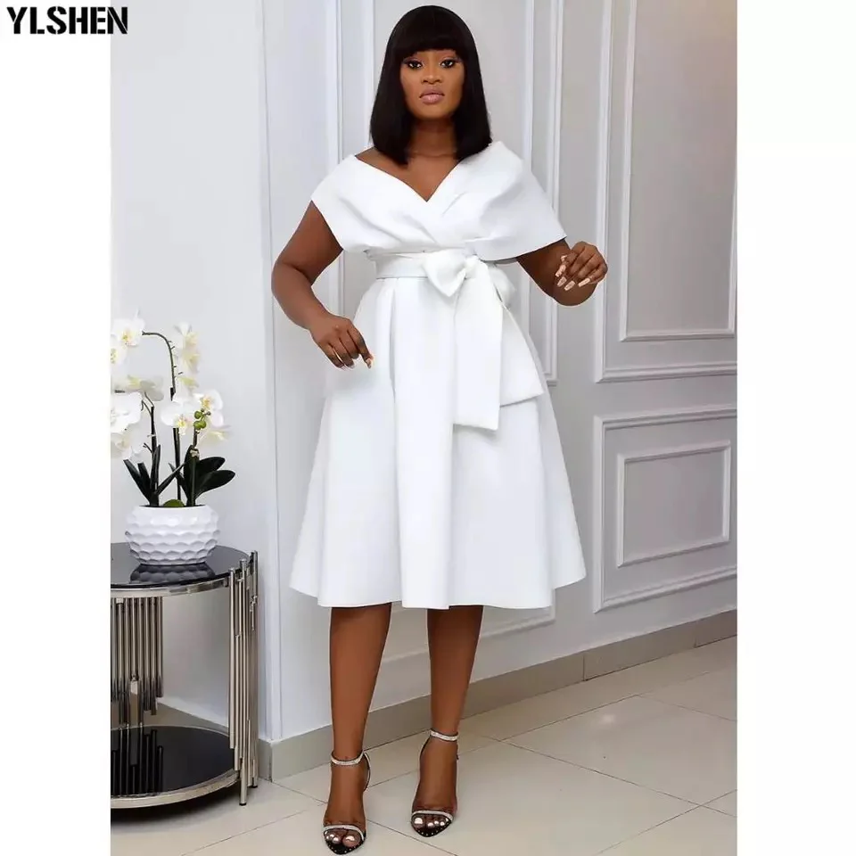 V-Neck Waist Belt Bowtie Dress - Image 3