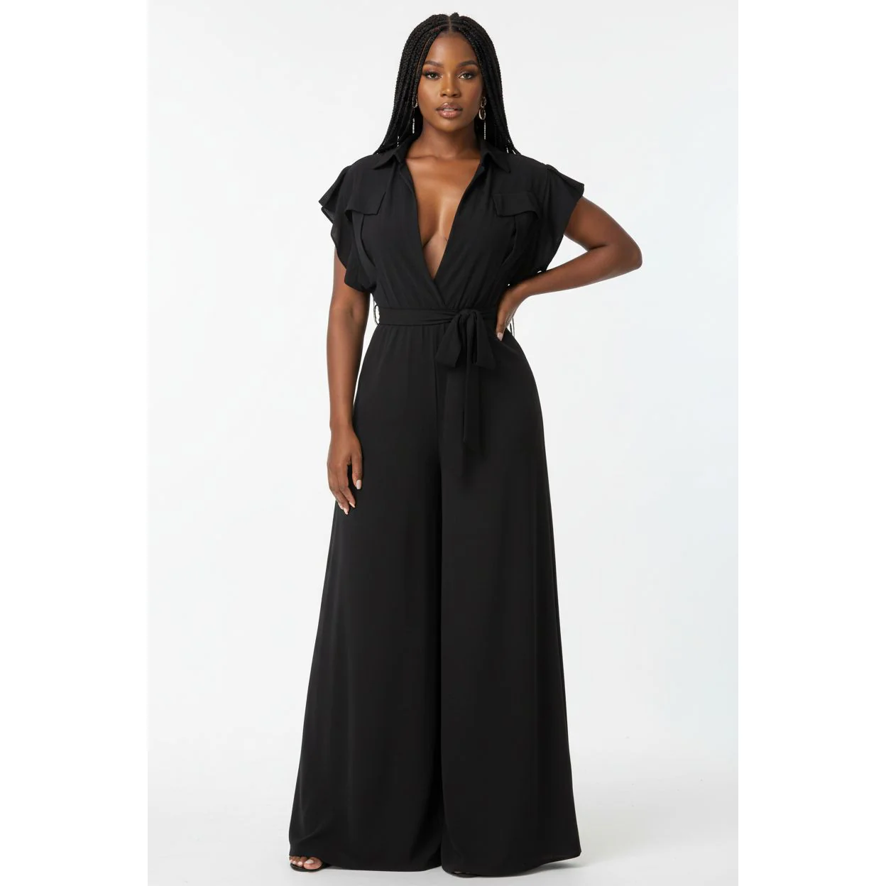 V-Neck Wide-leg Short Sleeve Overall Jumpsuit