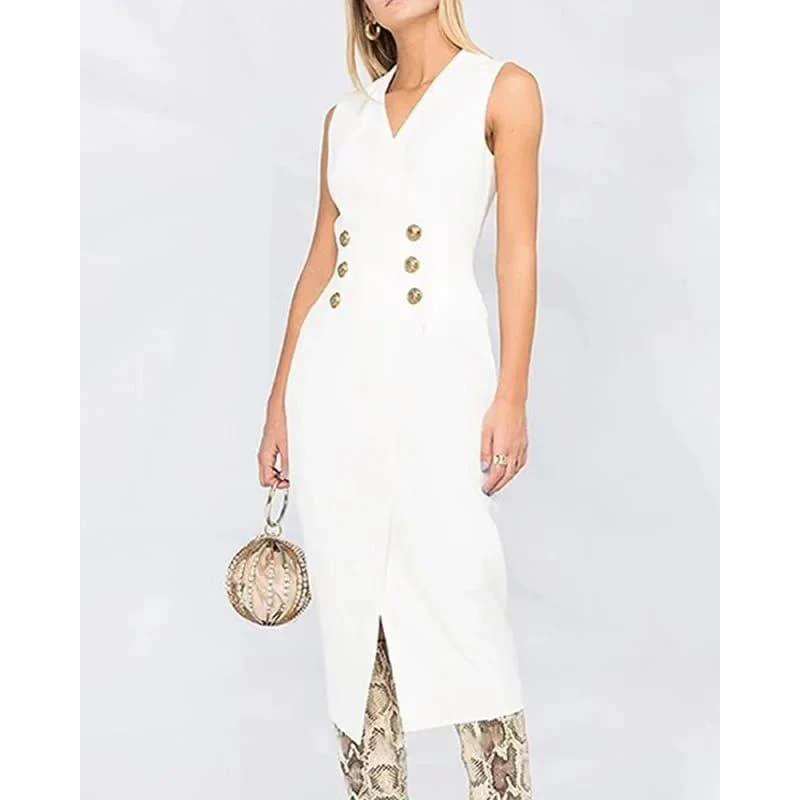 V-Neck Button Rivet Button Long Dress