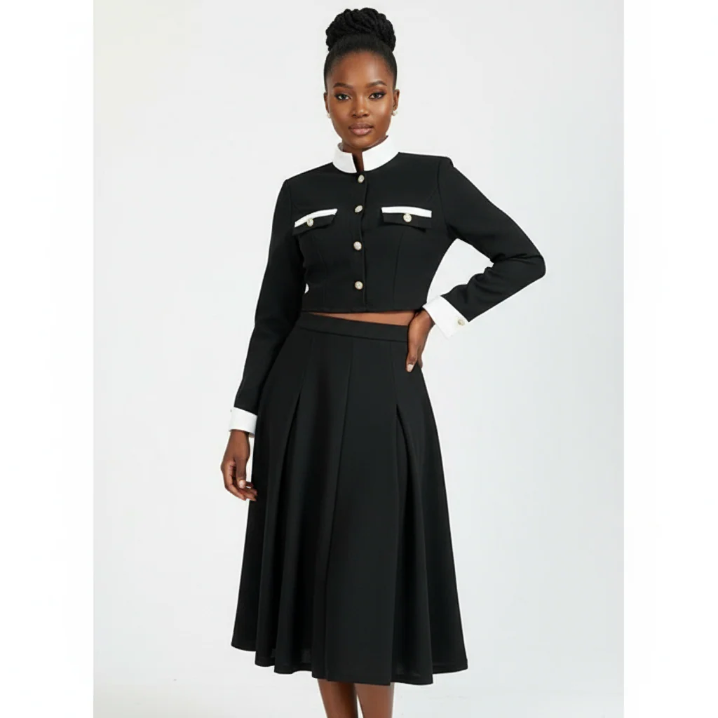 Vintage Contrast Collar Blouse & Cuffs Pleated Maxi  Skirt Suit Set - Image 8