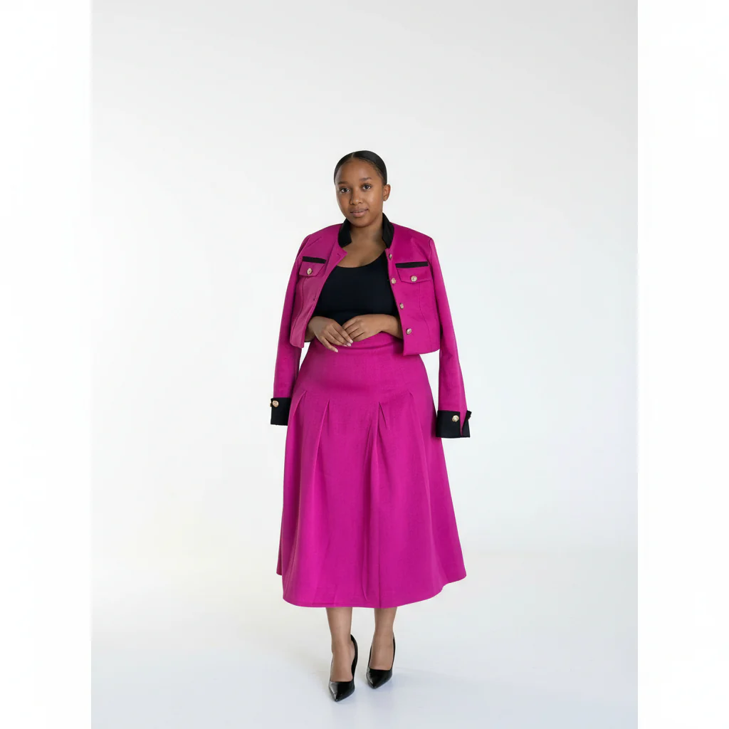 Vintage Contrast Collar Blouse & Cuffs Pleated Maxi  Skirt Suit Set
