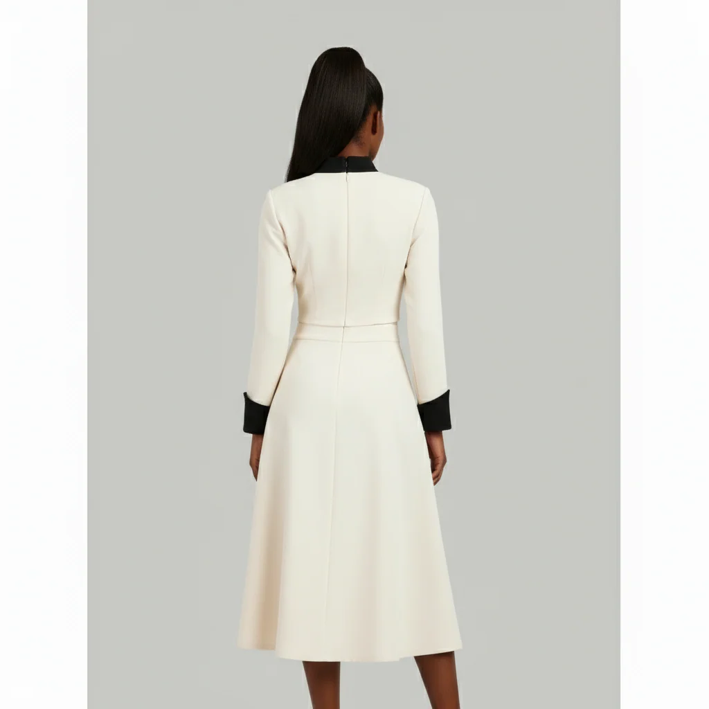 Vintage Contrast Collar Blouse & Cuffs Pleated Maxi  Skirt Suit Set - Image 6