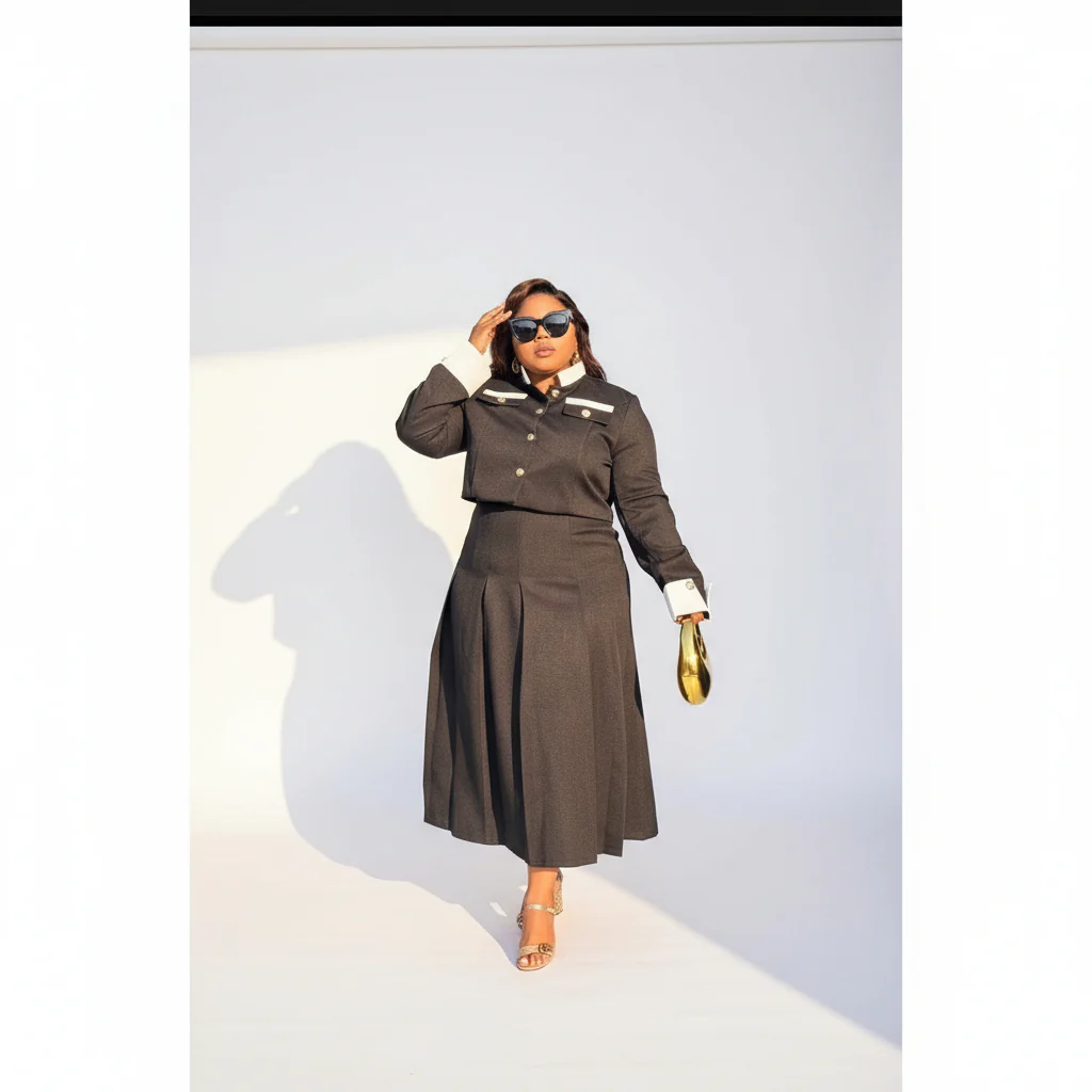 Vintage Contrast Collar Blouse & Cuffs Pleated Maxi  Skirt Suit Set - Image 2