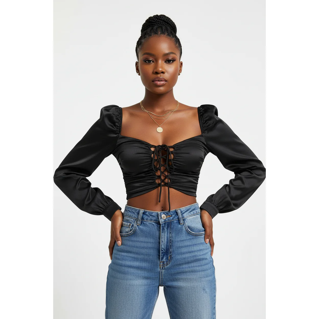 Vintage Hollow Lace-up Front Puff Sleeve Blouse - Image 3