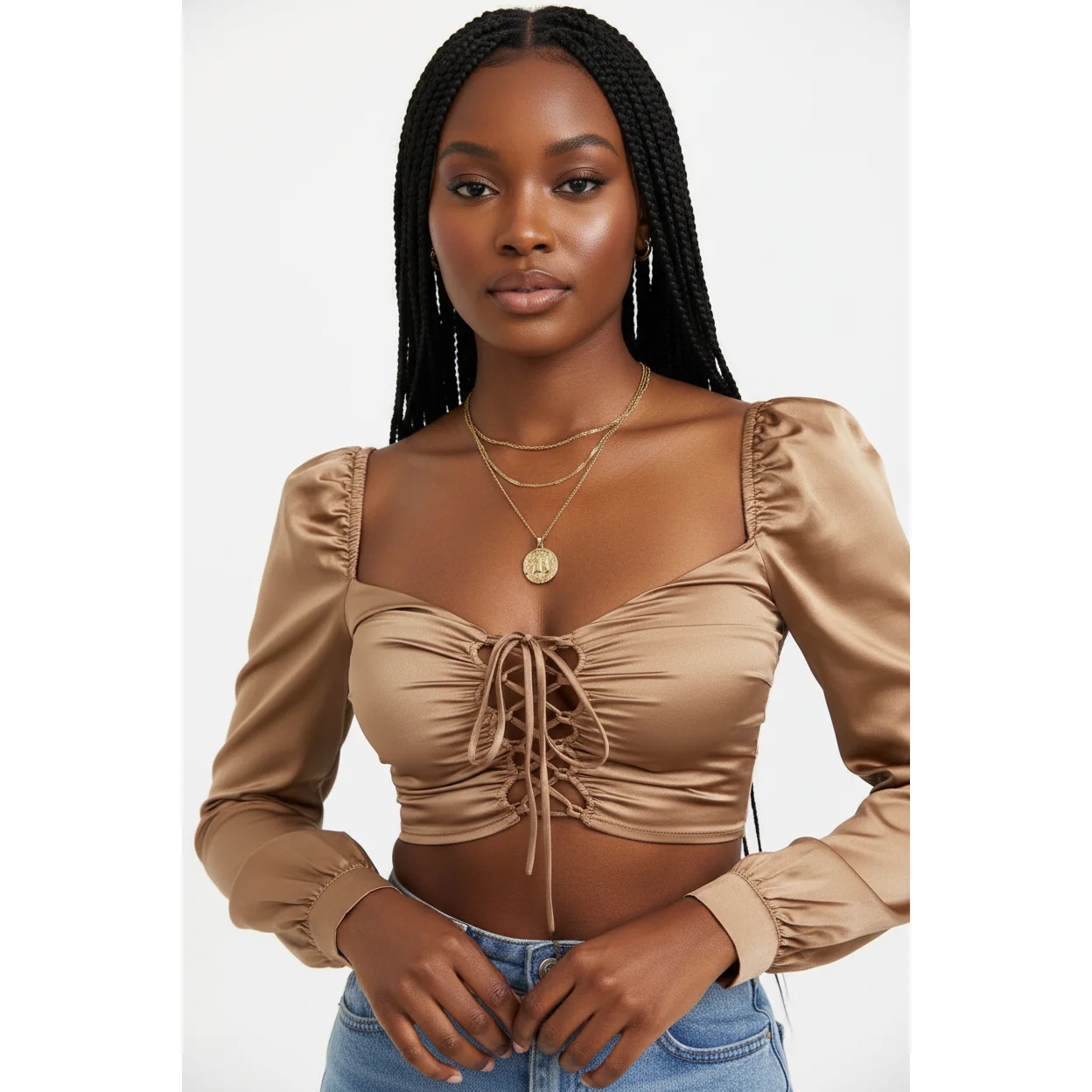 Vintage Hollow Lace-up Front Puff Sleeve Blouse - Image 4