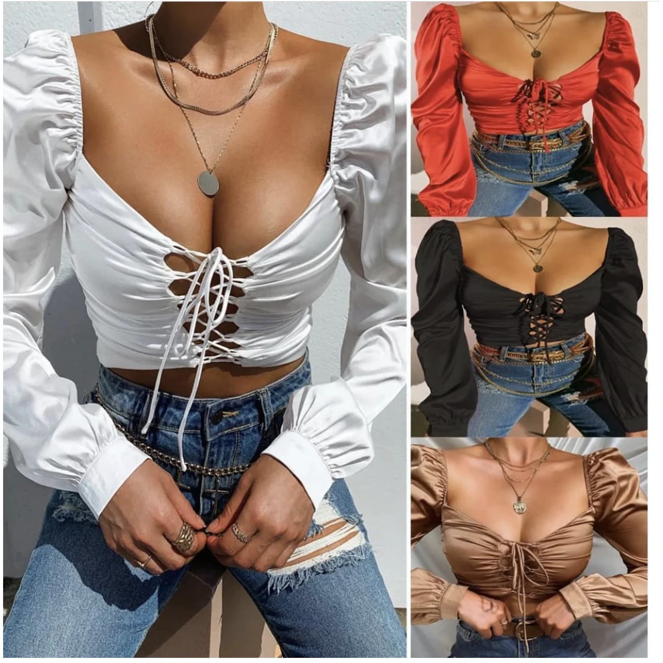 Vintage Hollow Lace-up Front Puff Sleeve Blouse - Image 5
