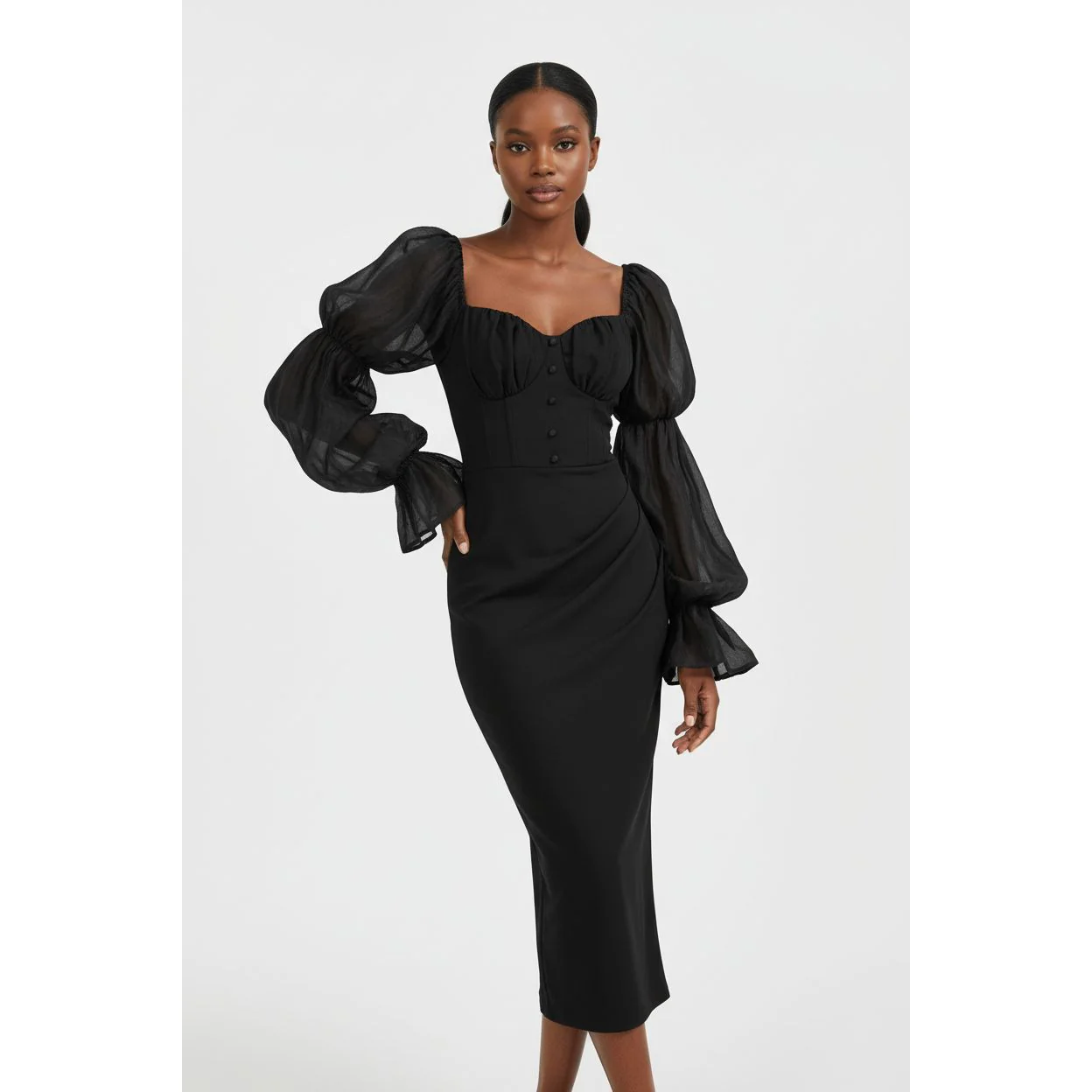 Vintage Puff Ruched Long Dress - Image 3