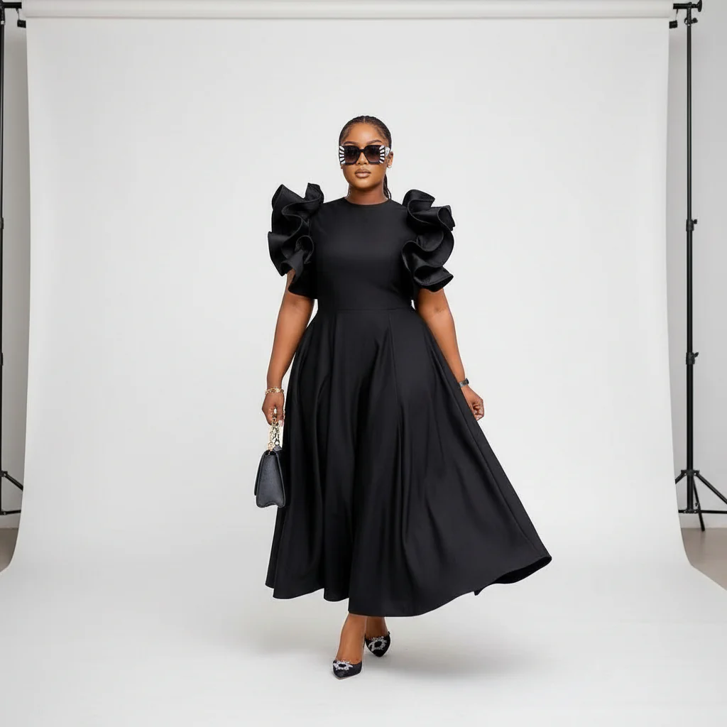 Round Neck Puff Flared Sleeves Midi Dress - Image 2
