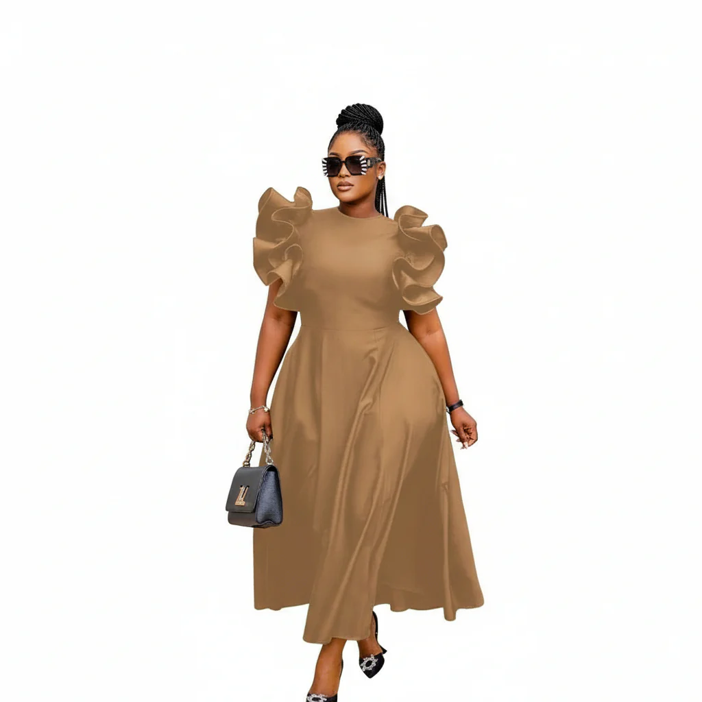 Round Neck Puff Flared Sleeves Midi Dress - Image 3