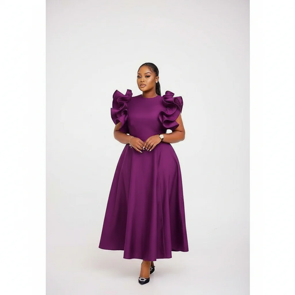 Round Neck Puff Flared Sleeves Midi Dress - Image 4