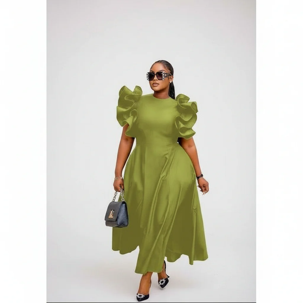 Round Neck Puff Flared Sleeves Midi Dress - Image 5