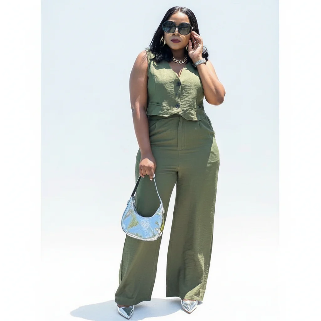 Vintage V-Neck Crop Top And Wide Pant Set - Image 3
