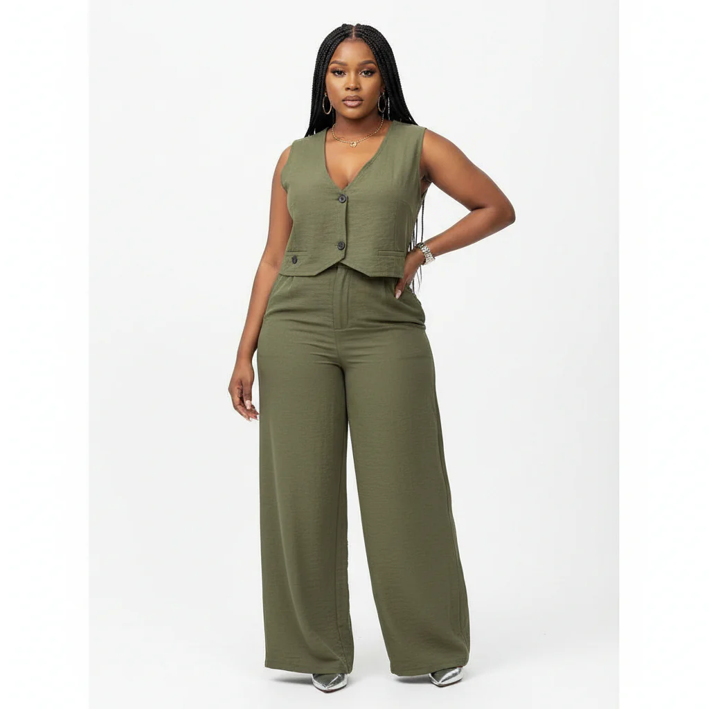 Vintage V-Neck Crop Top And Wide Pant Set - Image 4