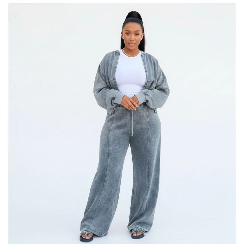 Washed Zip-Up Hoodie & High-Waisted Flare Pants - Image 4