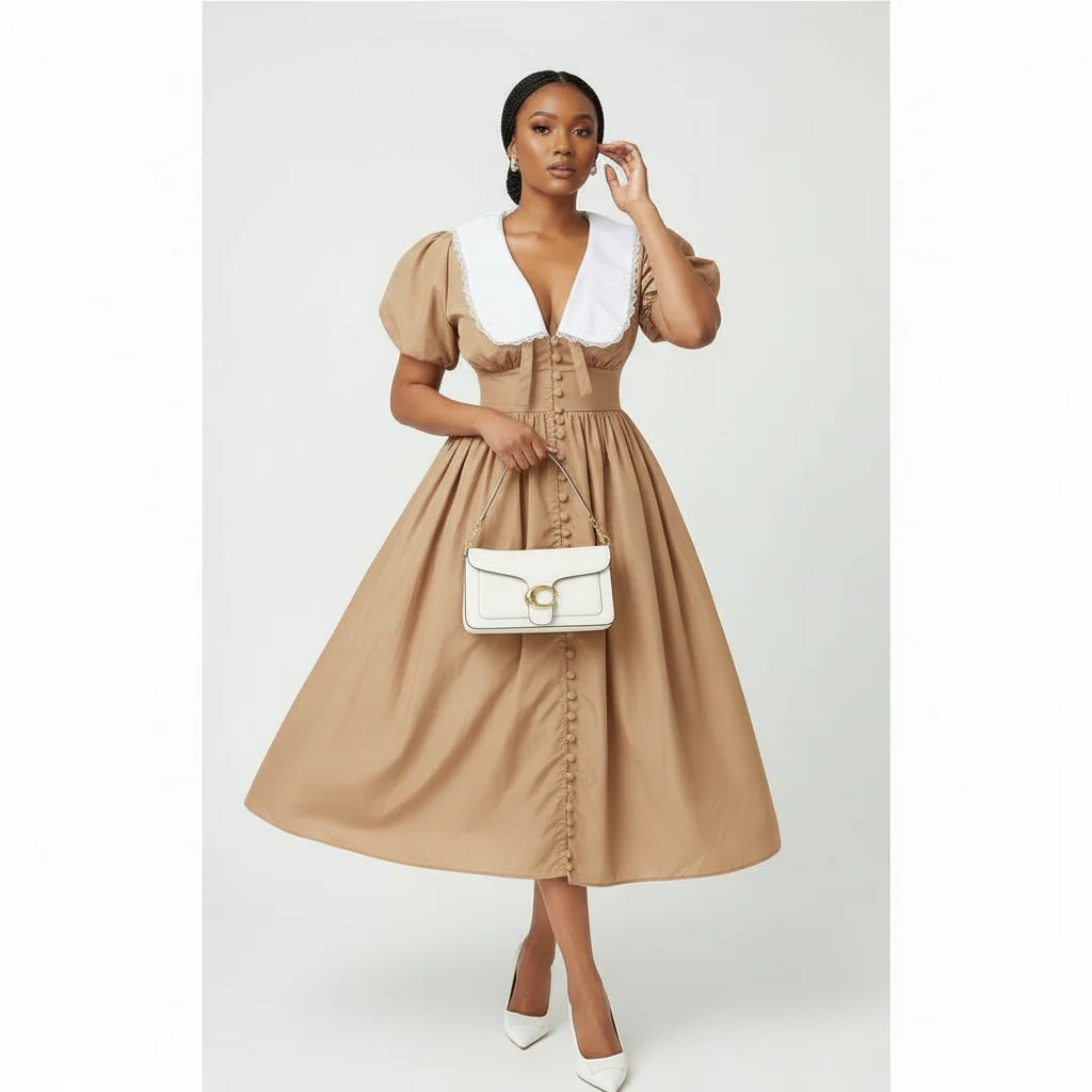 White Collar Puff Sleeve High Waist Maxi Dress