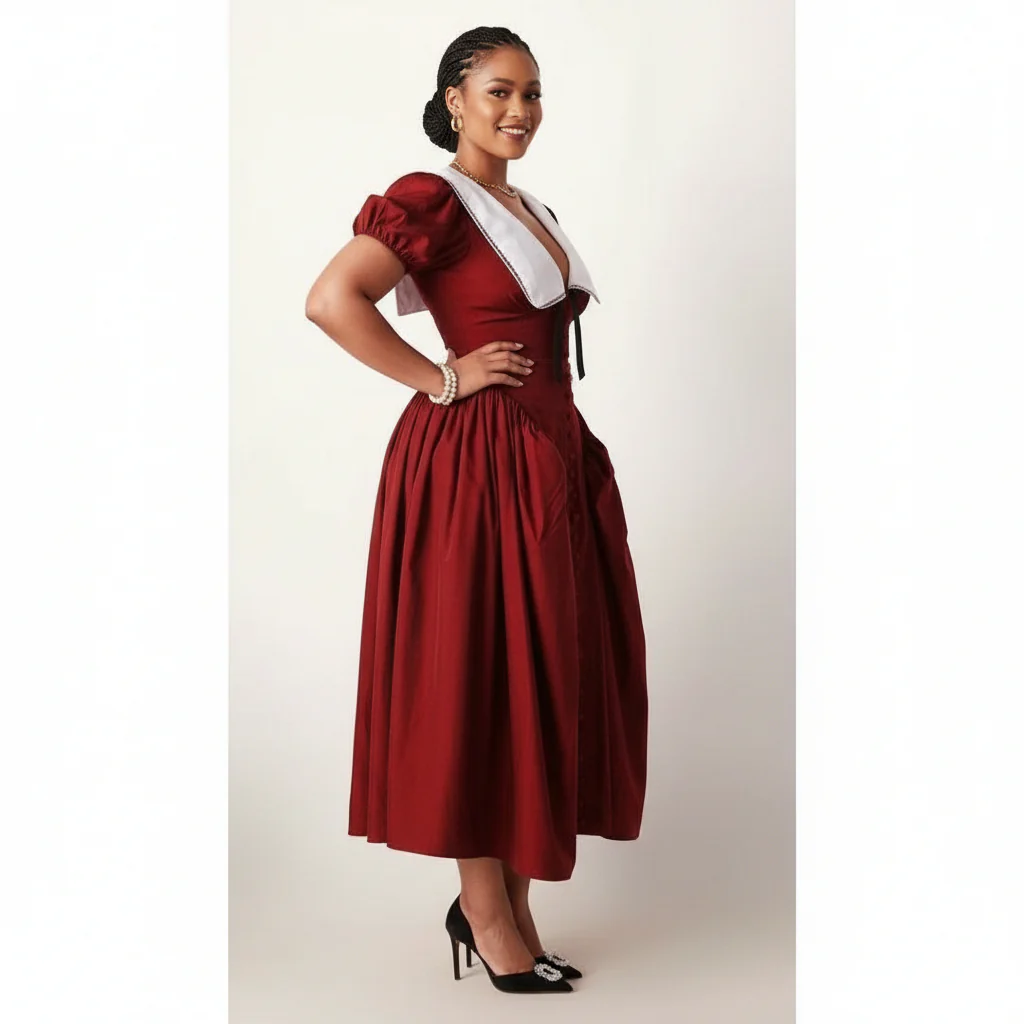 White Collar Puff Sleeve High Waist Maxi Dress - Image 3