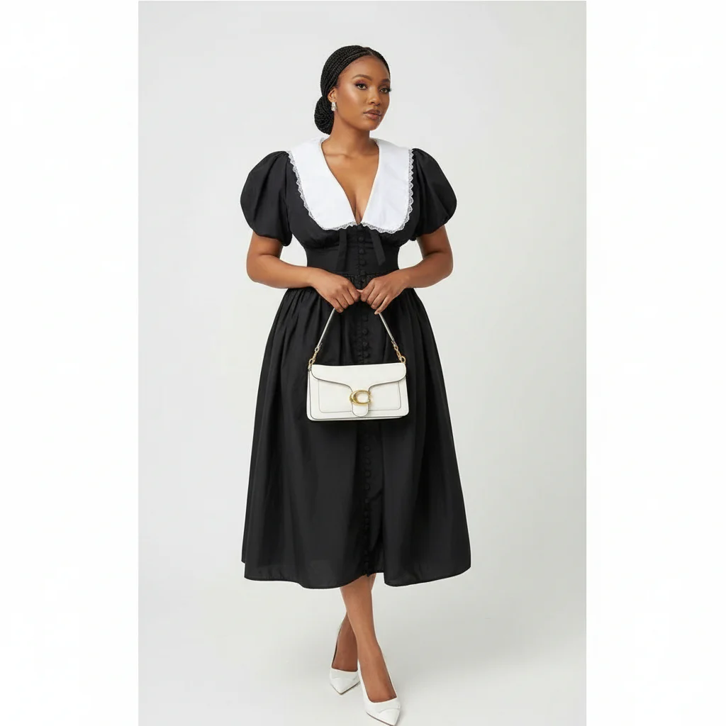 White Collar Puff Sleeve High Waist Maxi Dress - Image 4