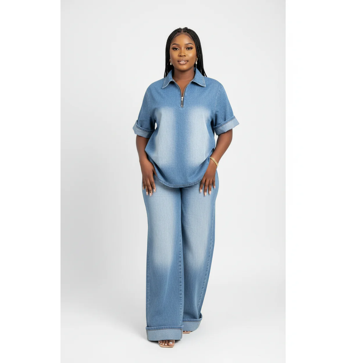 Wide Boot Leg High Waist  2 Piece Denim Set.