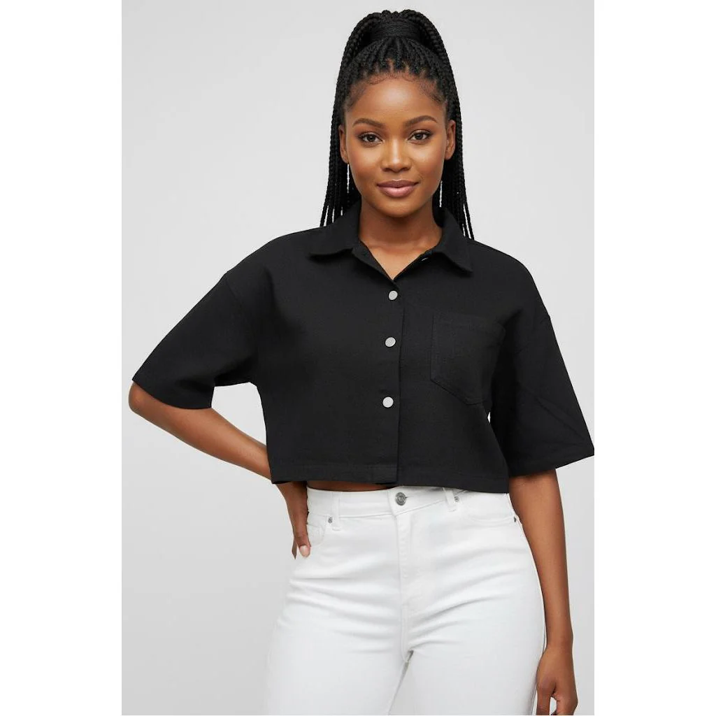 Wide-Sleeve Poplin Denim Shirt