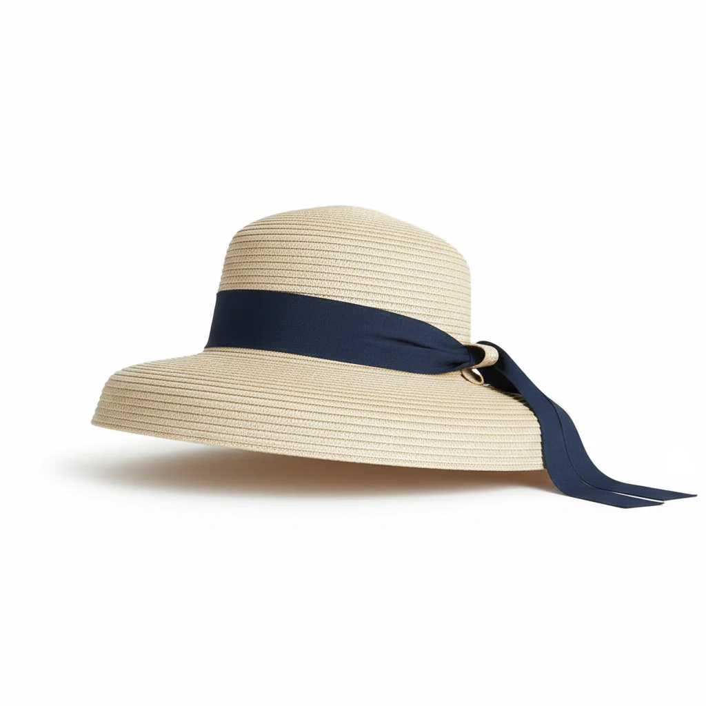 Wide Straw Black Ribbon Knot Brim Hat.