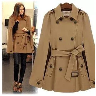 Winter Turn down Collar Belted Cape Coat 