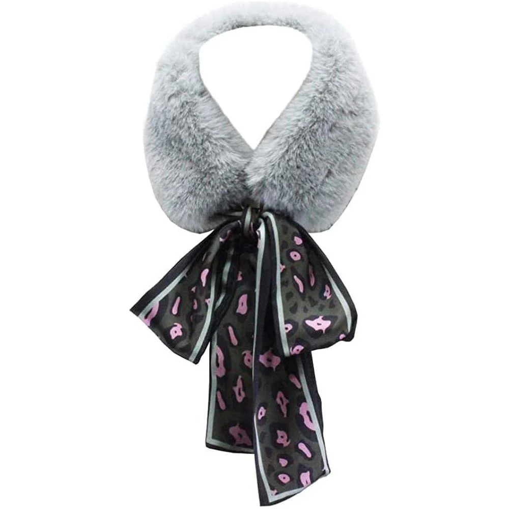 Winter Warm Faux Fur Collar Scarf with Leopard Ribbon Neck Warmer - Image 2