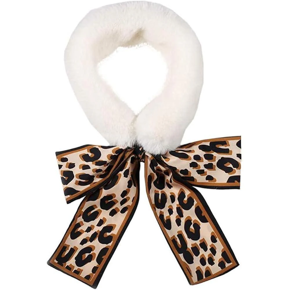 Winter Warm Faux Fur Collar Scarf with Leopard Ribbon Neck Warmer - Image 3