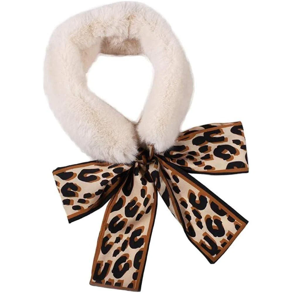 Winter Warm Faux Fur Collar Scarf with Leopard Ribbon Neck Warmer - Image 5