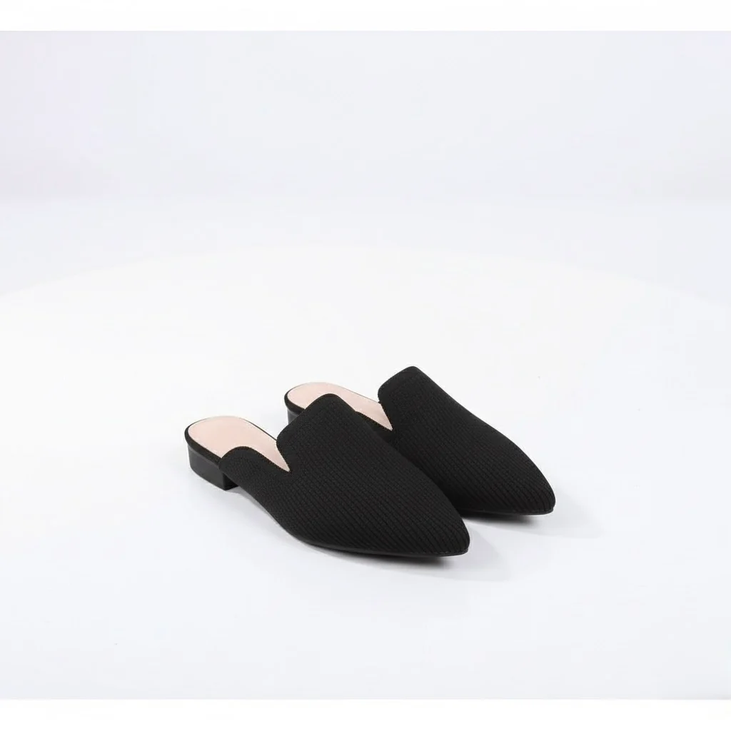 Women Point Toe Mule Flats, Elegant Black Fabric Flat Shoes - Image 3